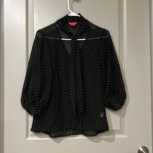 Sheer Black Blouse with White Polka Dots and Neck Tie Detail